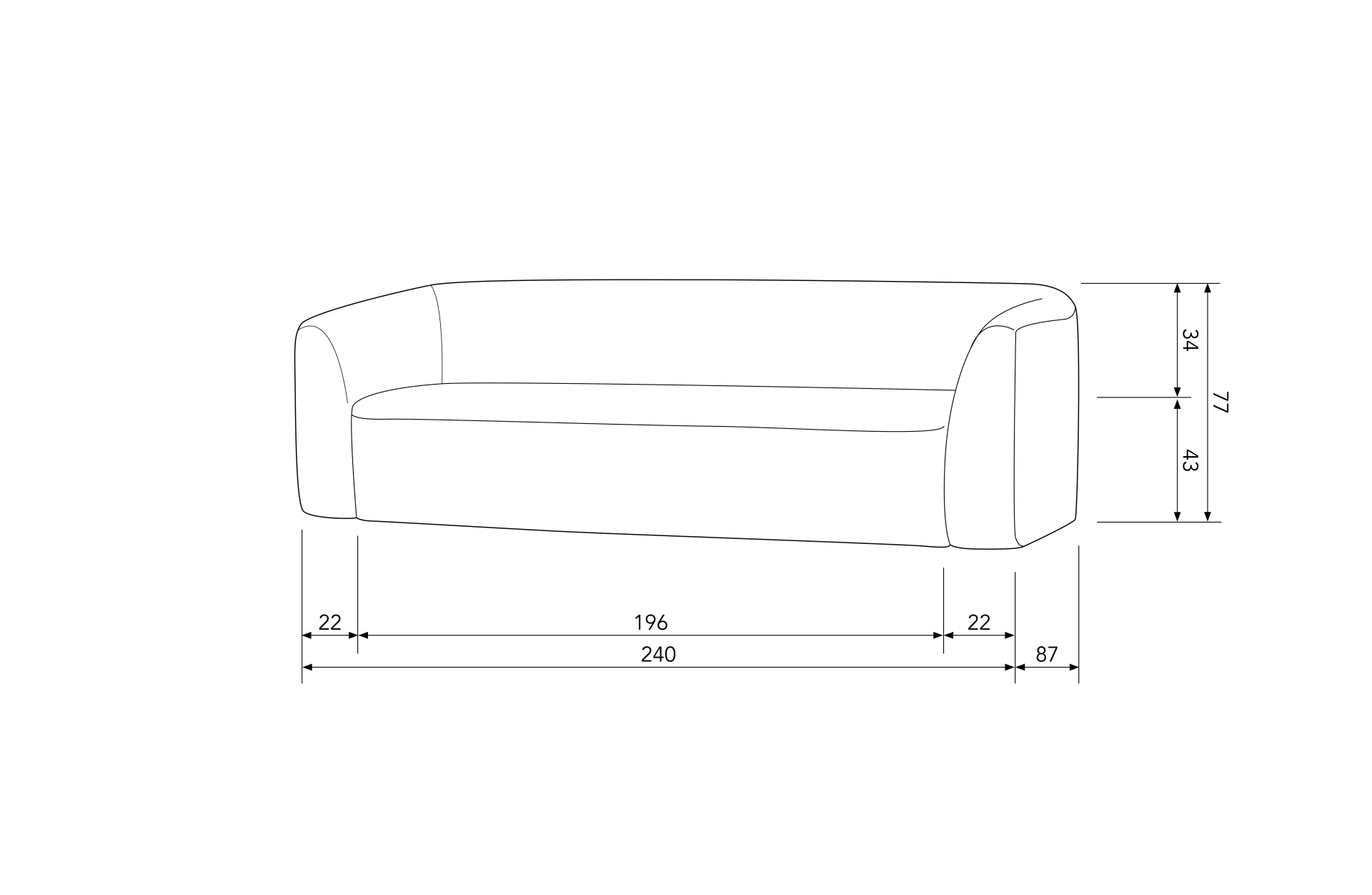 3-Sitzer Sofa Sloping aus Stoff, Grau