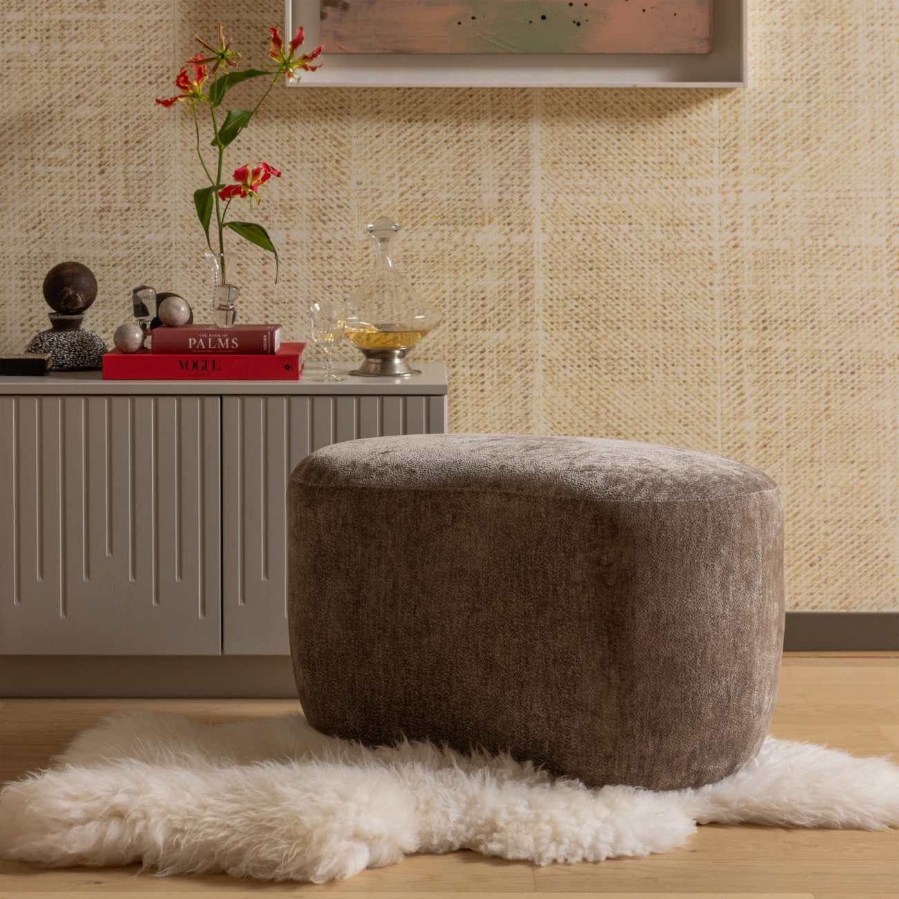 Hocker Popular aus Chenille-Stoff, Taupe