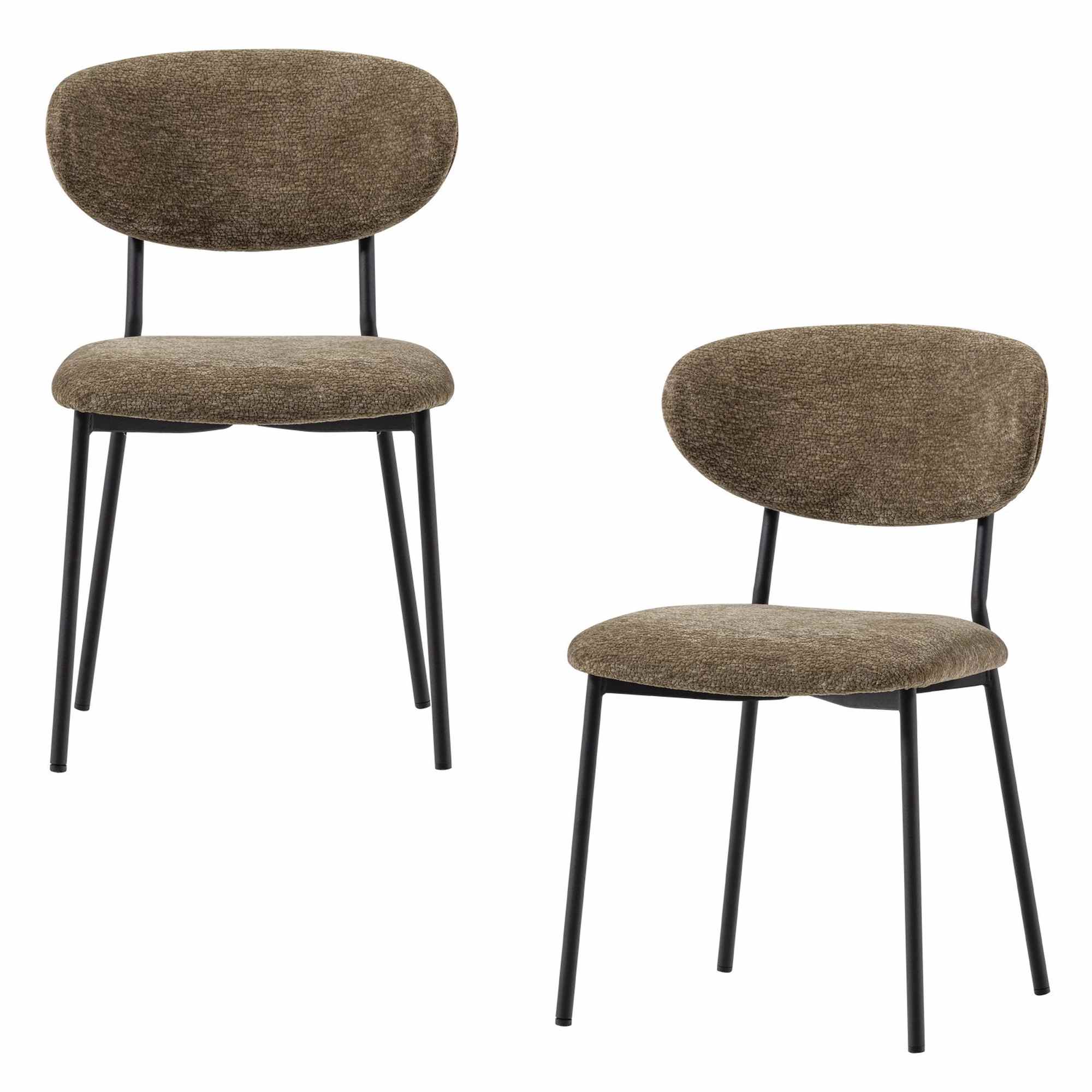 Esszimmerstuhl Kjeld 2er-Set aus Chenille in Grün - modern mit mattschwarzem Metallgestell