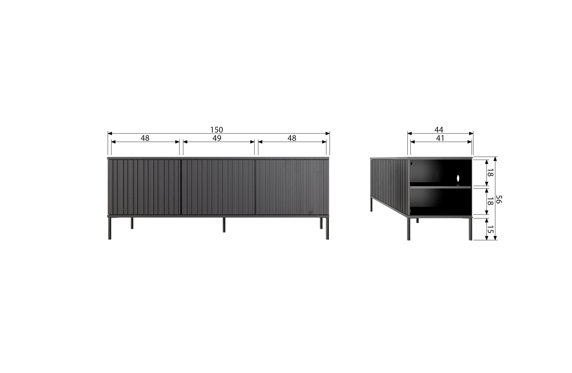 TV Board Gravure aus Kiefernholz 150 cm, Schwarz