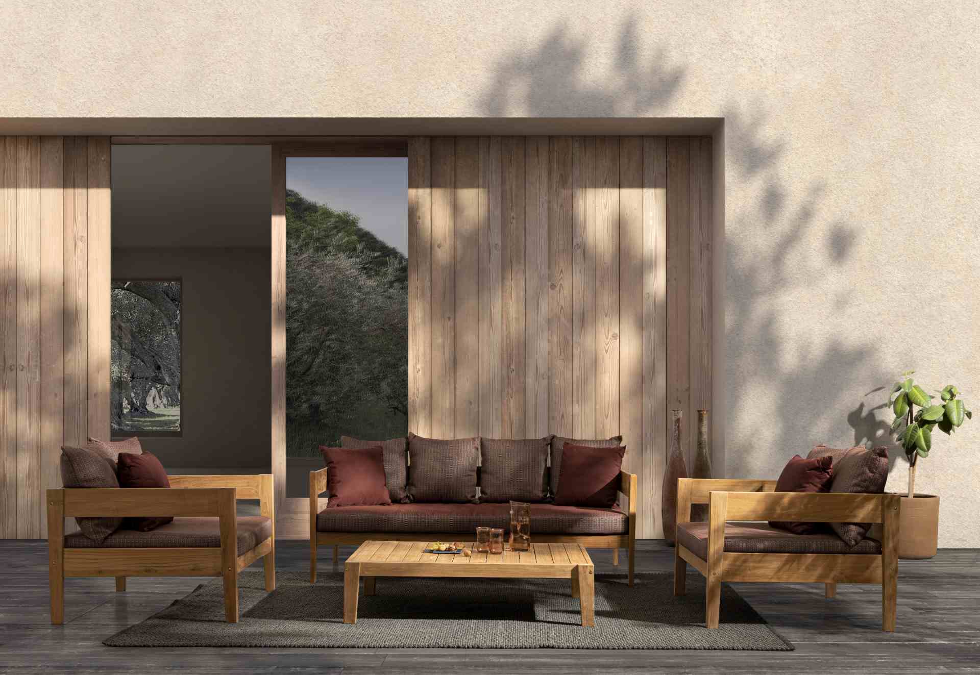 Gartensofa Kobo aus Teakholz, Weinrot