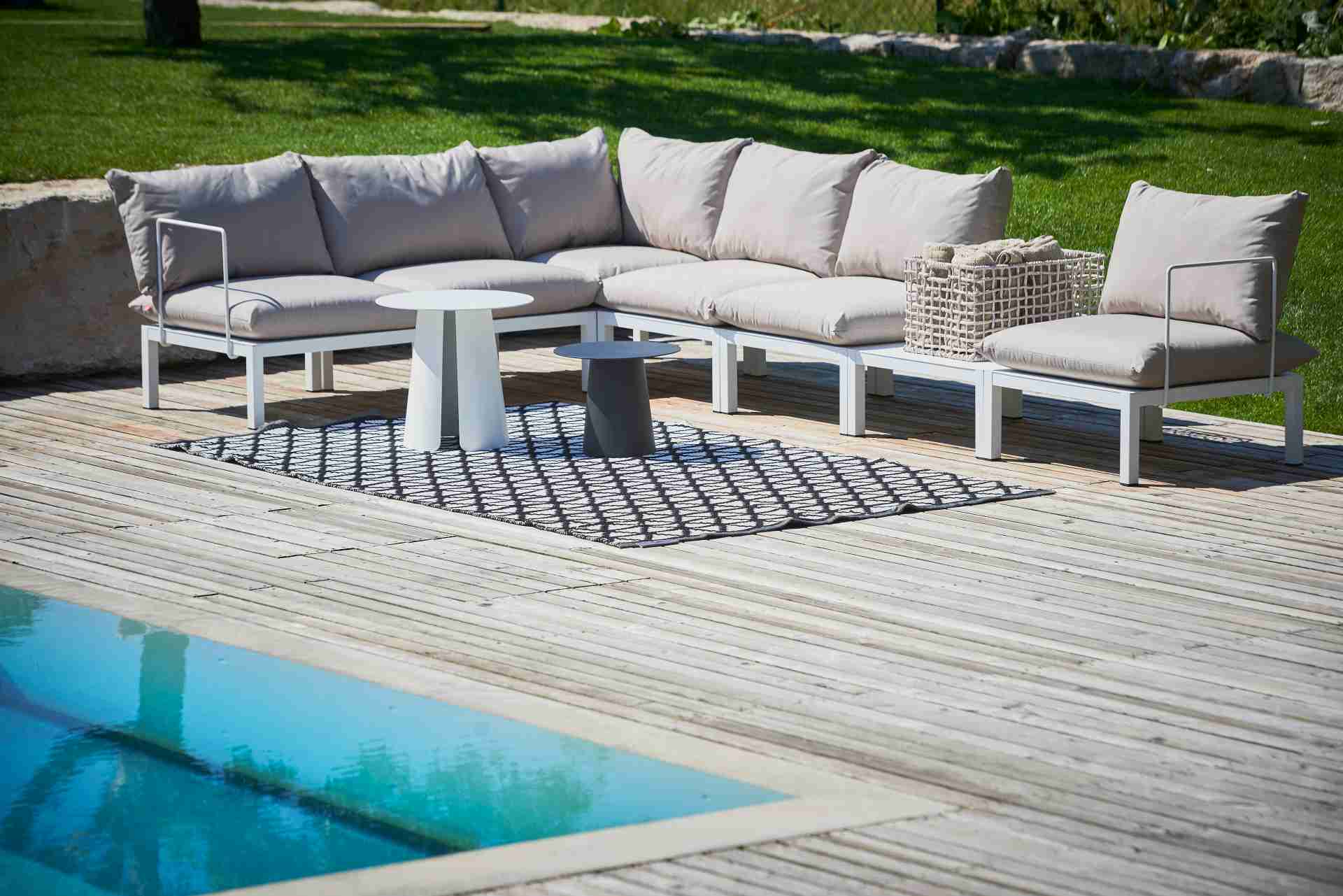 Gartenlounge Domino 6er-Set mit Ablage, Weiß/Taupe