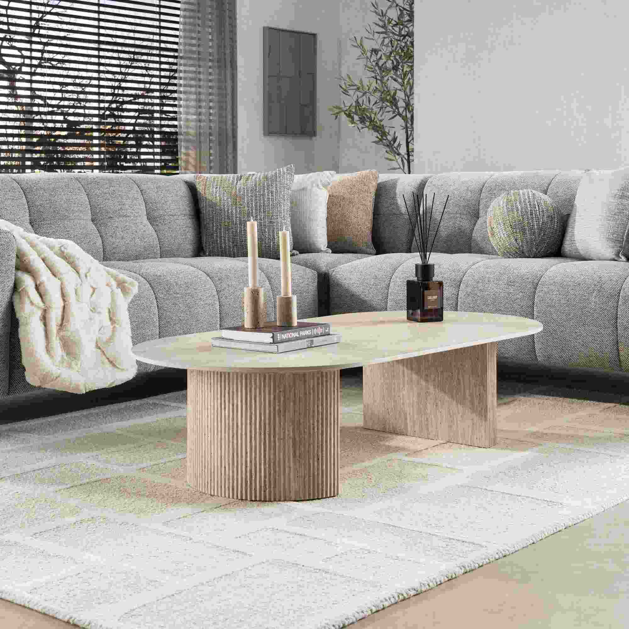 Traonira Keramik Couchtisch 135 cm in Travertinoptik, Wellengestell