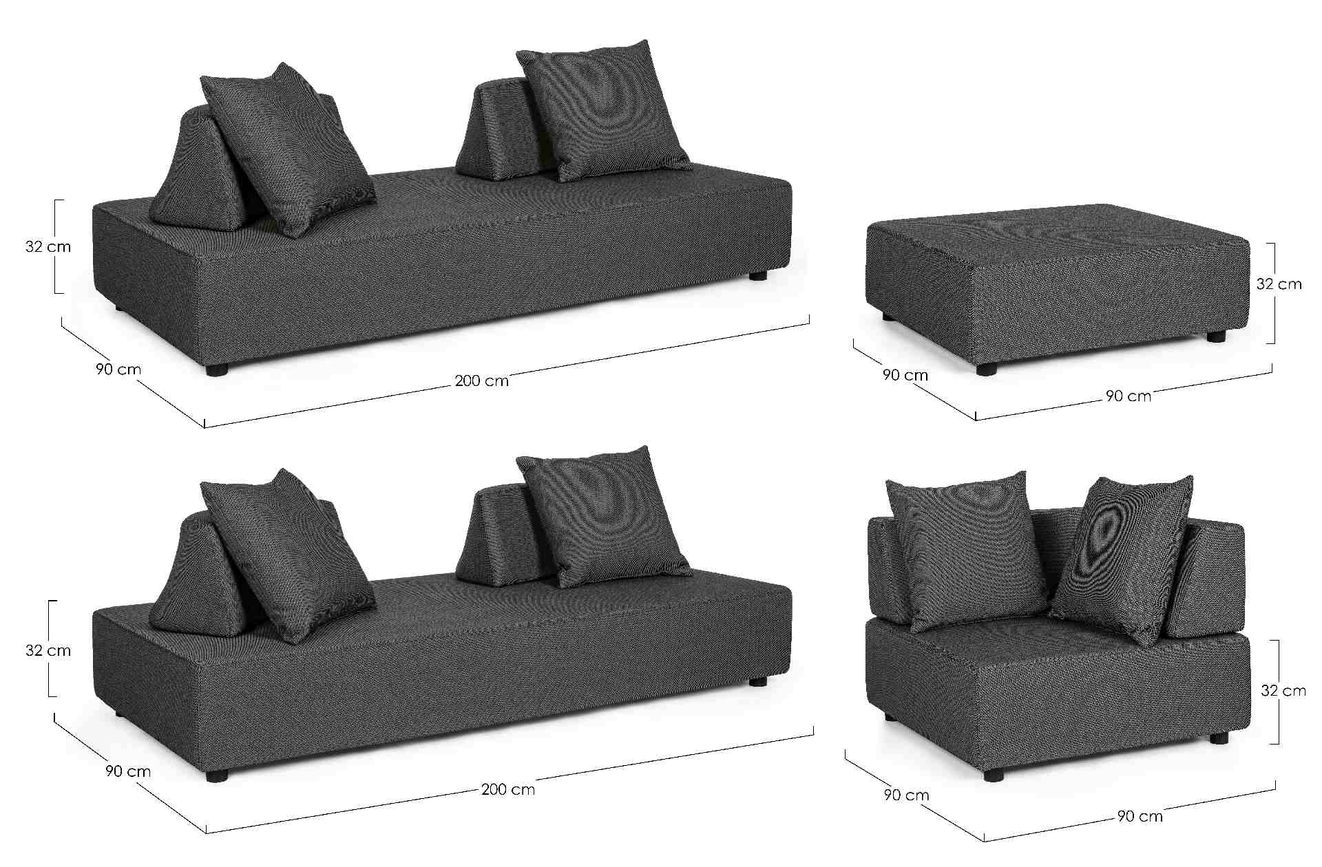 Gartenlounge Sofa Piper mit Kissen und verstellbarer Rückenlehne, Anthrazit