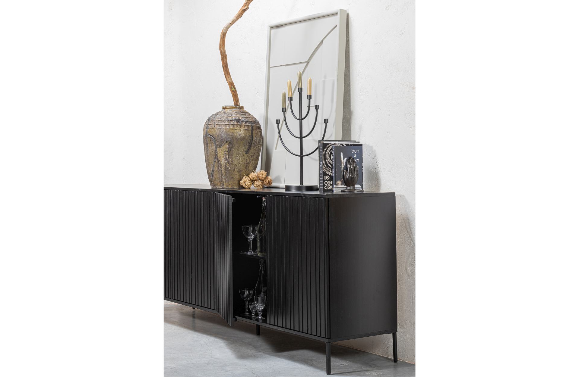 Sideboard Gravure aus Kiefernholz, Schwarz