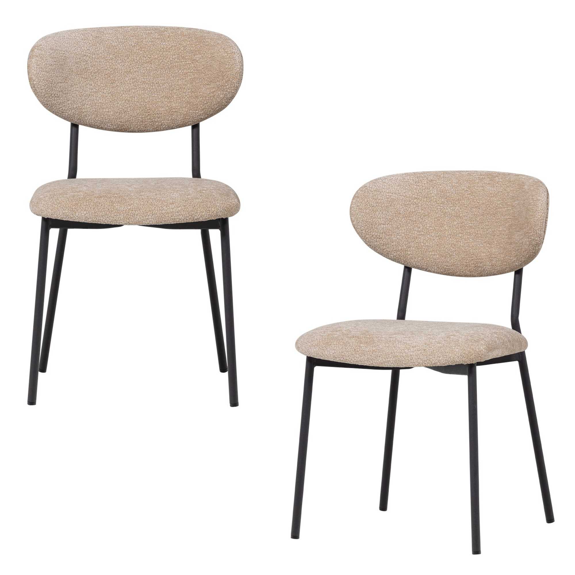 Esszimmerstuhl Kjeld 2er-Set aus Chenille in Natur - modern mit mattschwarzem Metallgestell