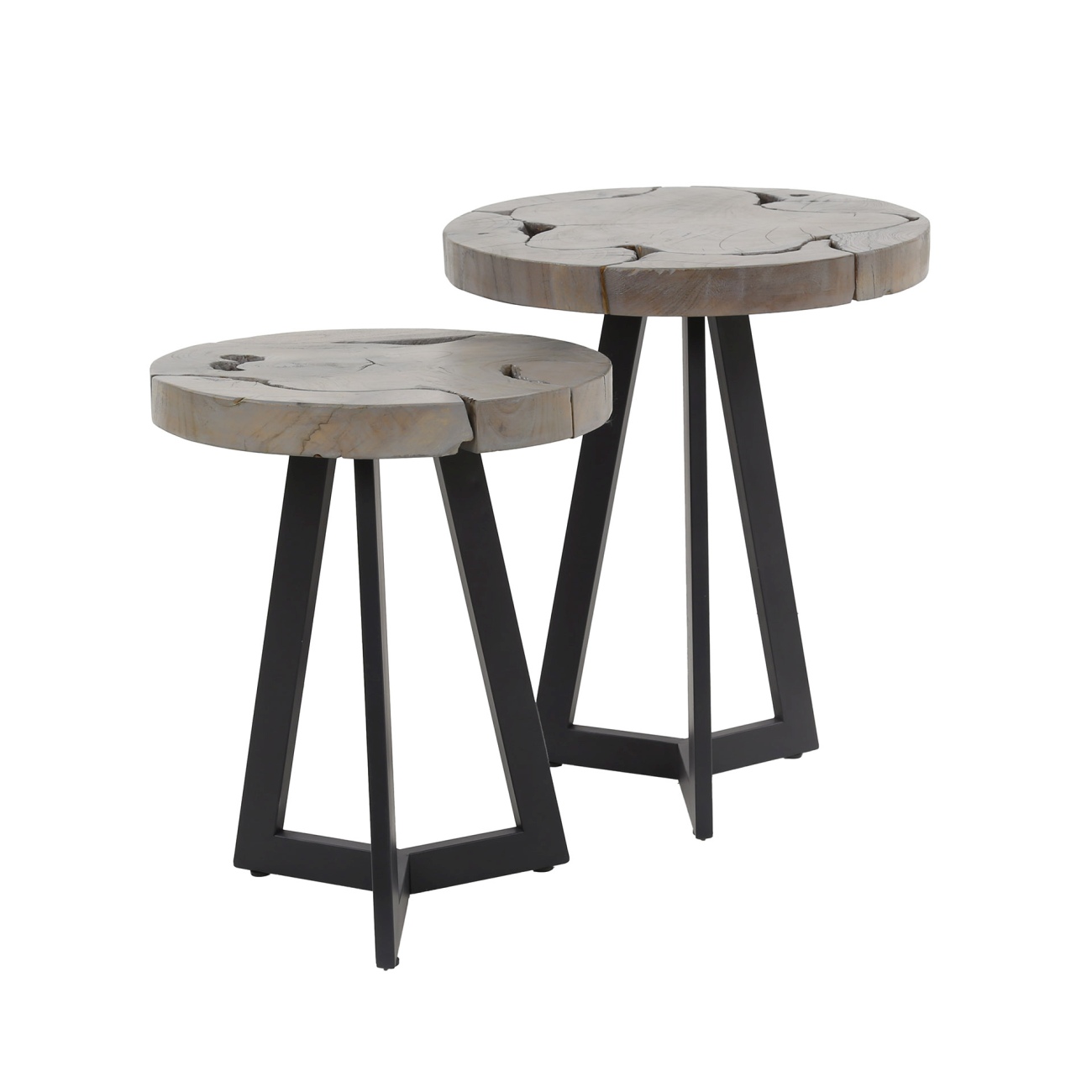 2er-Set Beistelltisch Strimflaw - Teakholz massiv Grau, Ø 35 / 40 cm