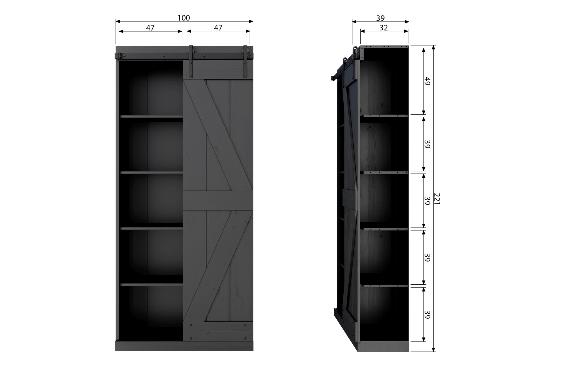 Schiebetürschrank Harris aus Kiefernholz, Schwarz