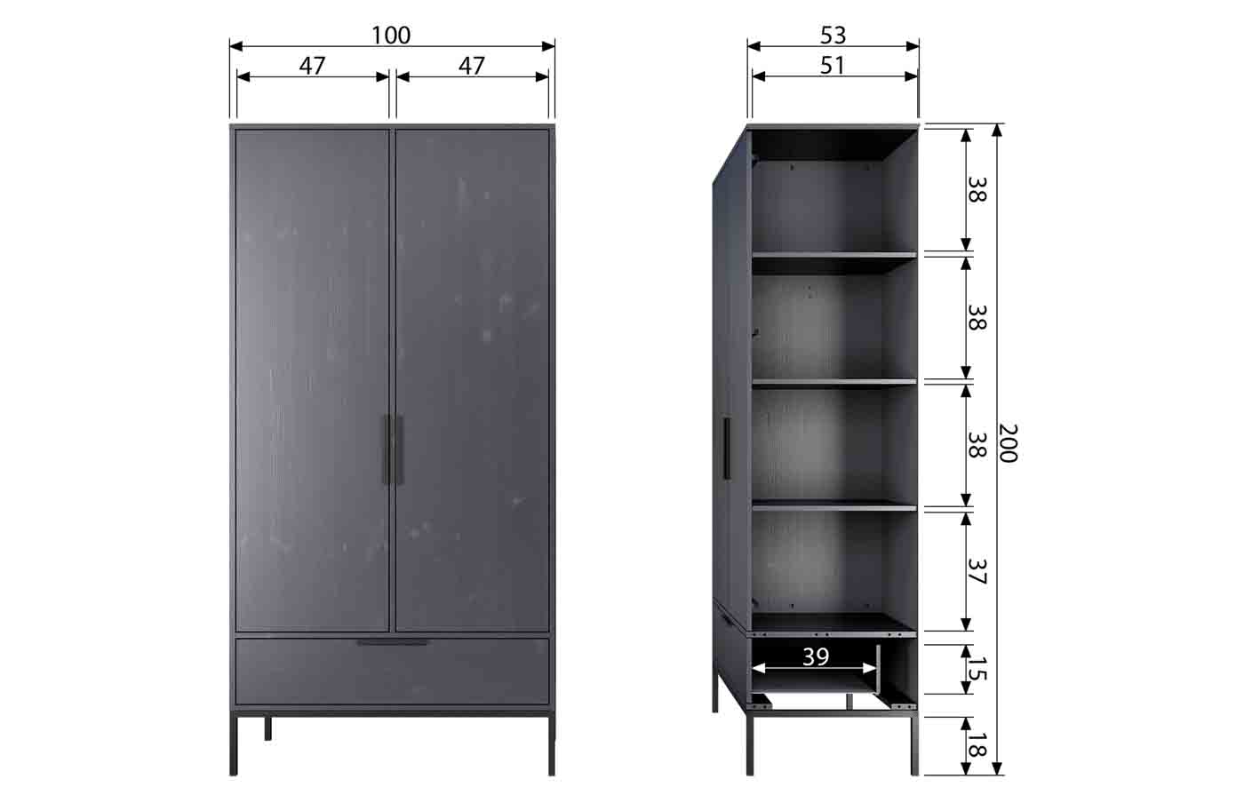 Kleiderschrank Adam Türen / Schublade, Grau