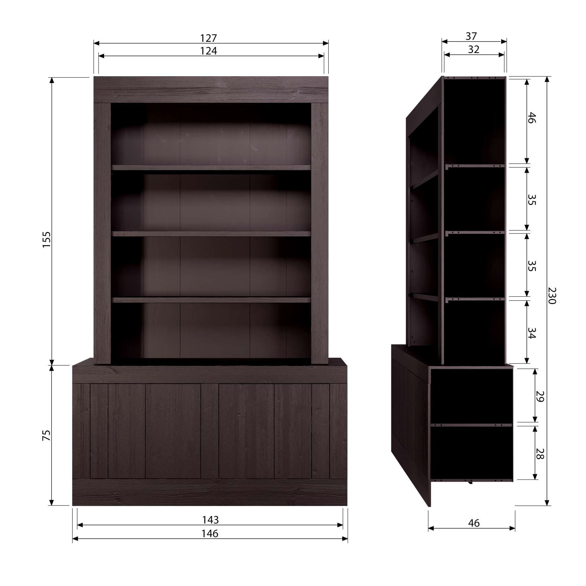 Buffetschrank Yumi mit Fächern und Türen, Dunkelbraun