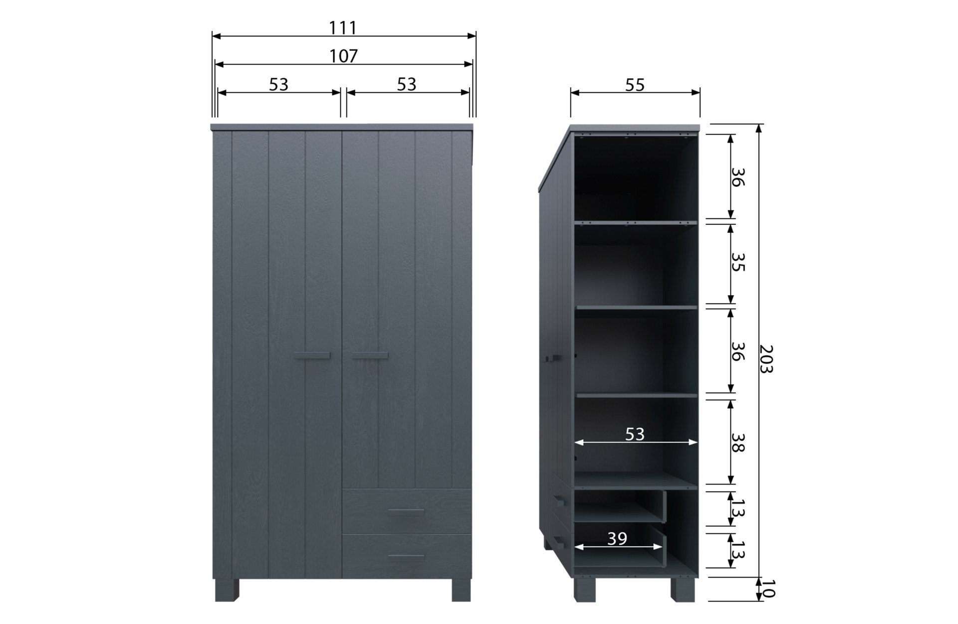 Kleiderschrank Dennis aus Kiefernholz, Dunkelgrau