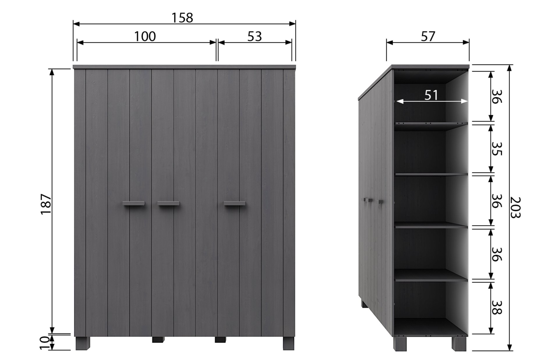 Kleiderschrank Dennis mit 3 Türen, Dunkelgrau