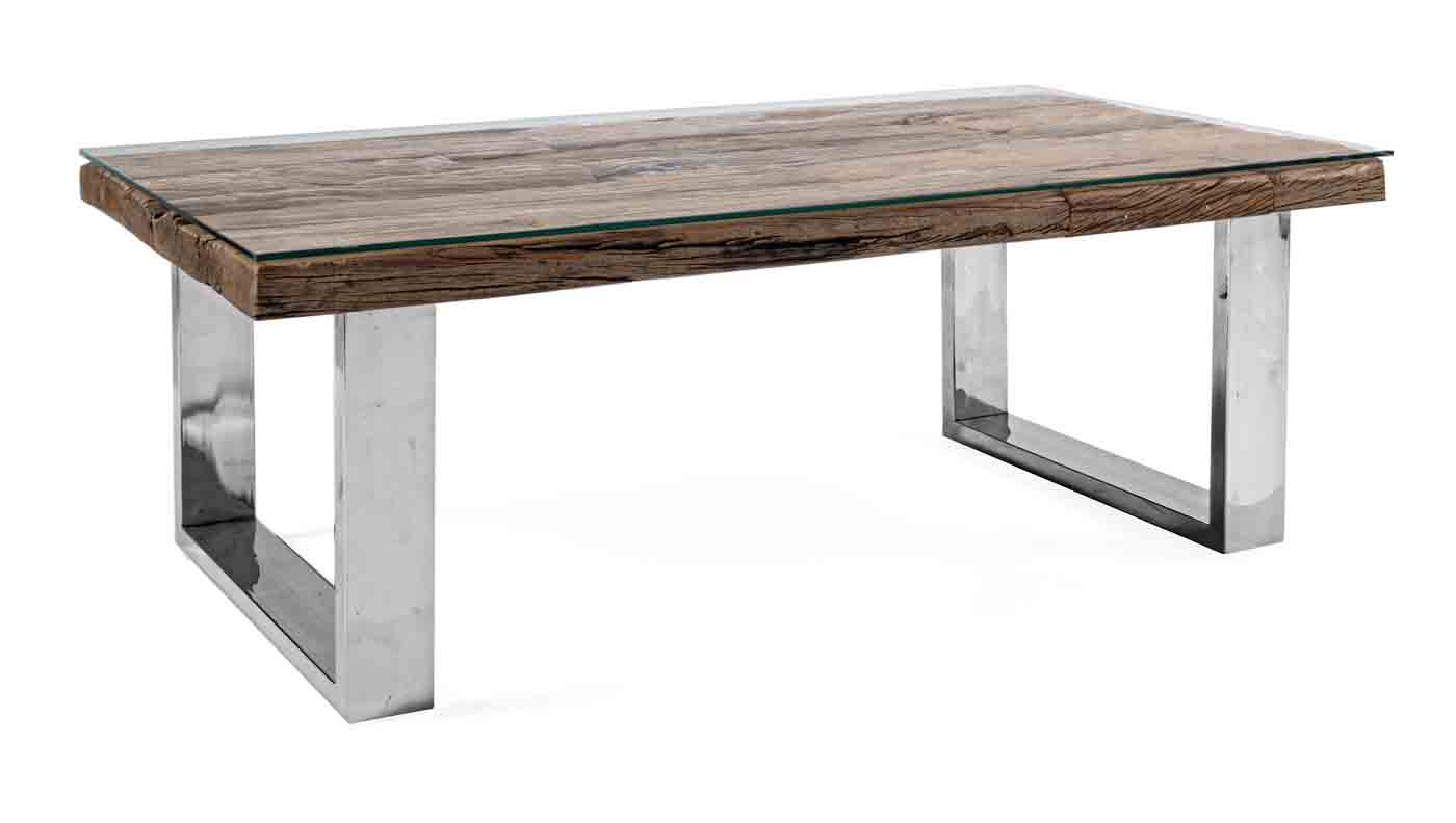 Couchtisch Stanton aus recyceltem Holz mit Glasplatte, 110 cm