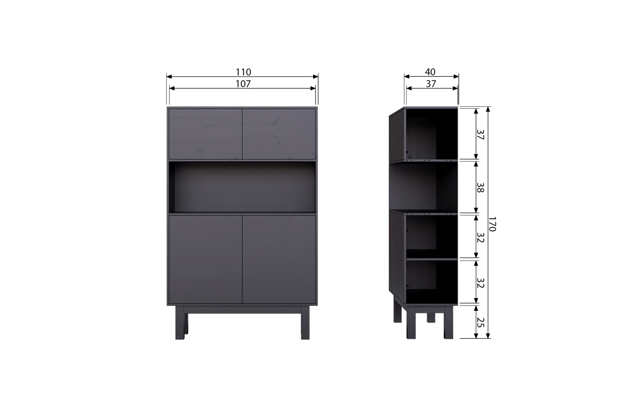 Schrank Fianca aus Kiefernholz 110 cm, Schwarz