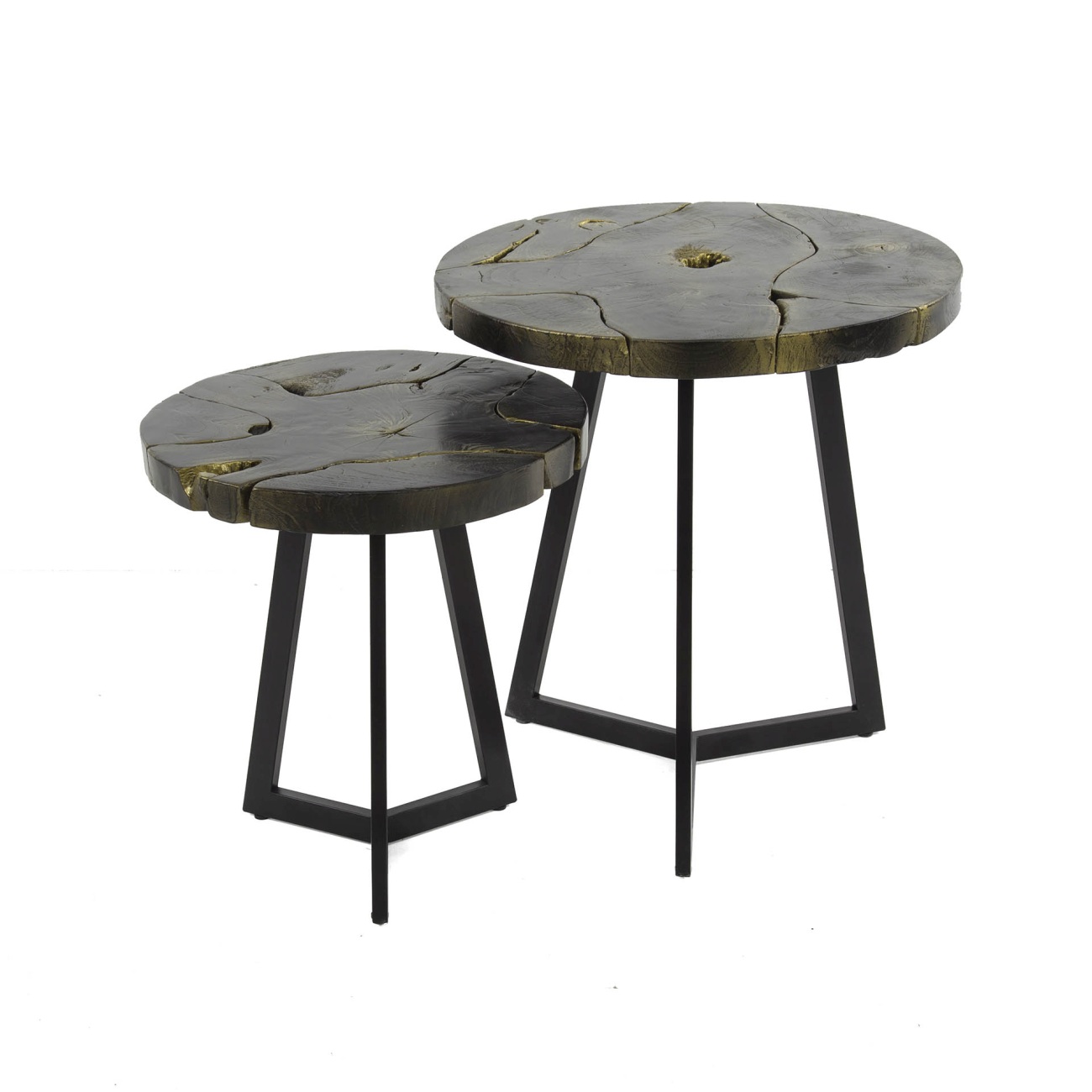 2er-Set Couchtisch Strimflaw - Teakholz Schwarz-Gold, Ø 41 / 50 cm
