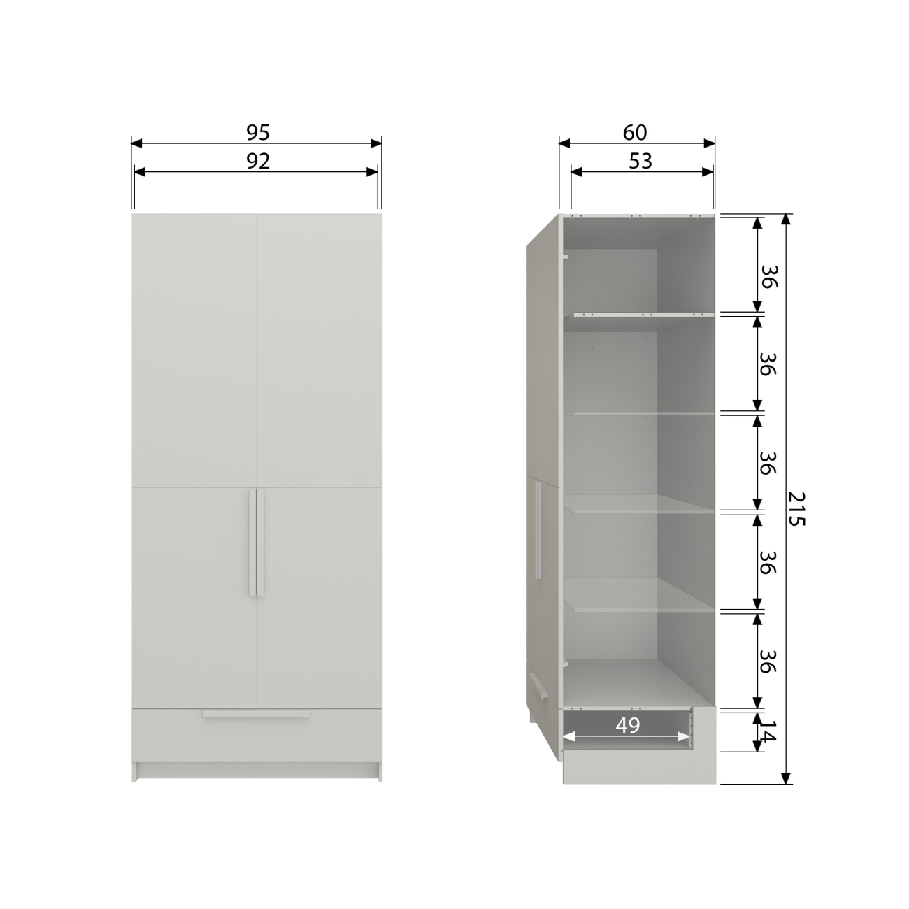 Kleiderschrank Split aus Kiefernholz Hellgrau, 95 cm