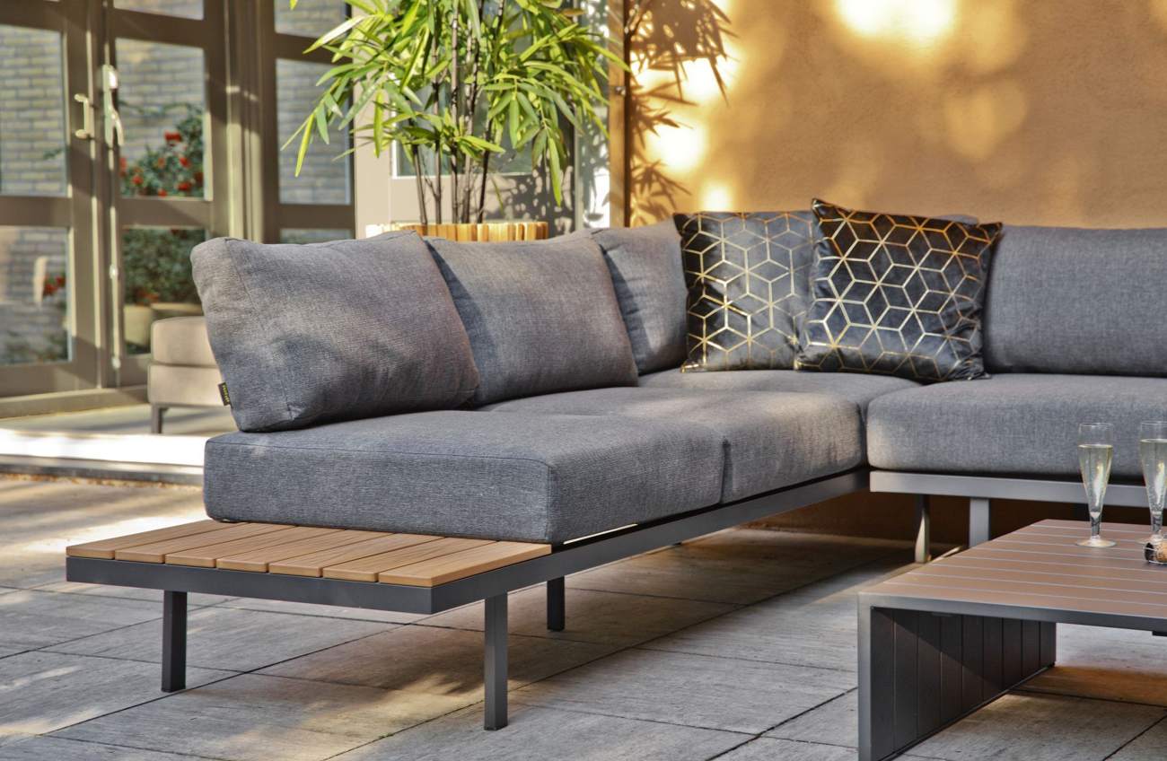 Gartenecksofa Bari mit Kissen und Couchtisch, Dunkelgrau