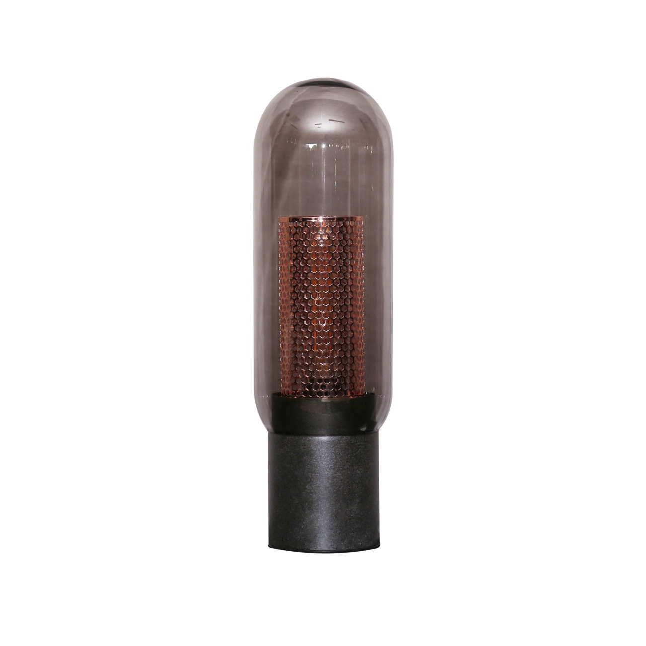 Tischleuchte Kuferg - Rauchglas mit Kupfergitter, inkl. LED