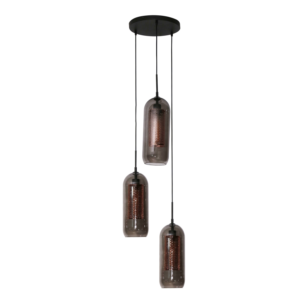 Hängeleuchte Kuferg, 3-flammig - Rauchglas mit Kupfergitter, inkl. LED