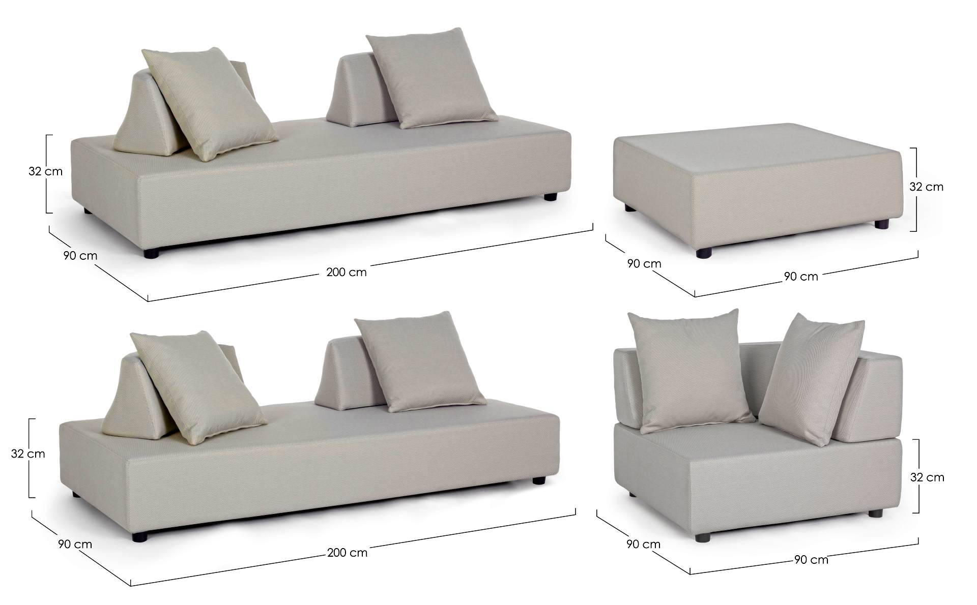 Gartenlounge Sofa Piper mit Kissen und verstellbarer Rückenlehne, Sand