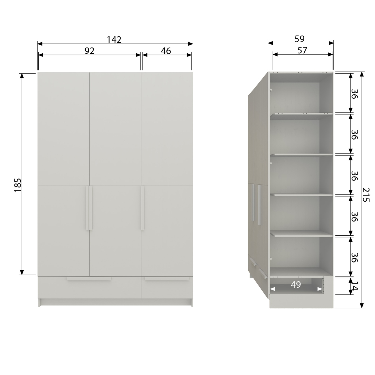 Kleiderschrank Split aus Kiefernholz Hellgrau, 142 cm