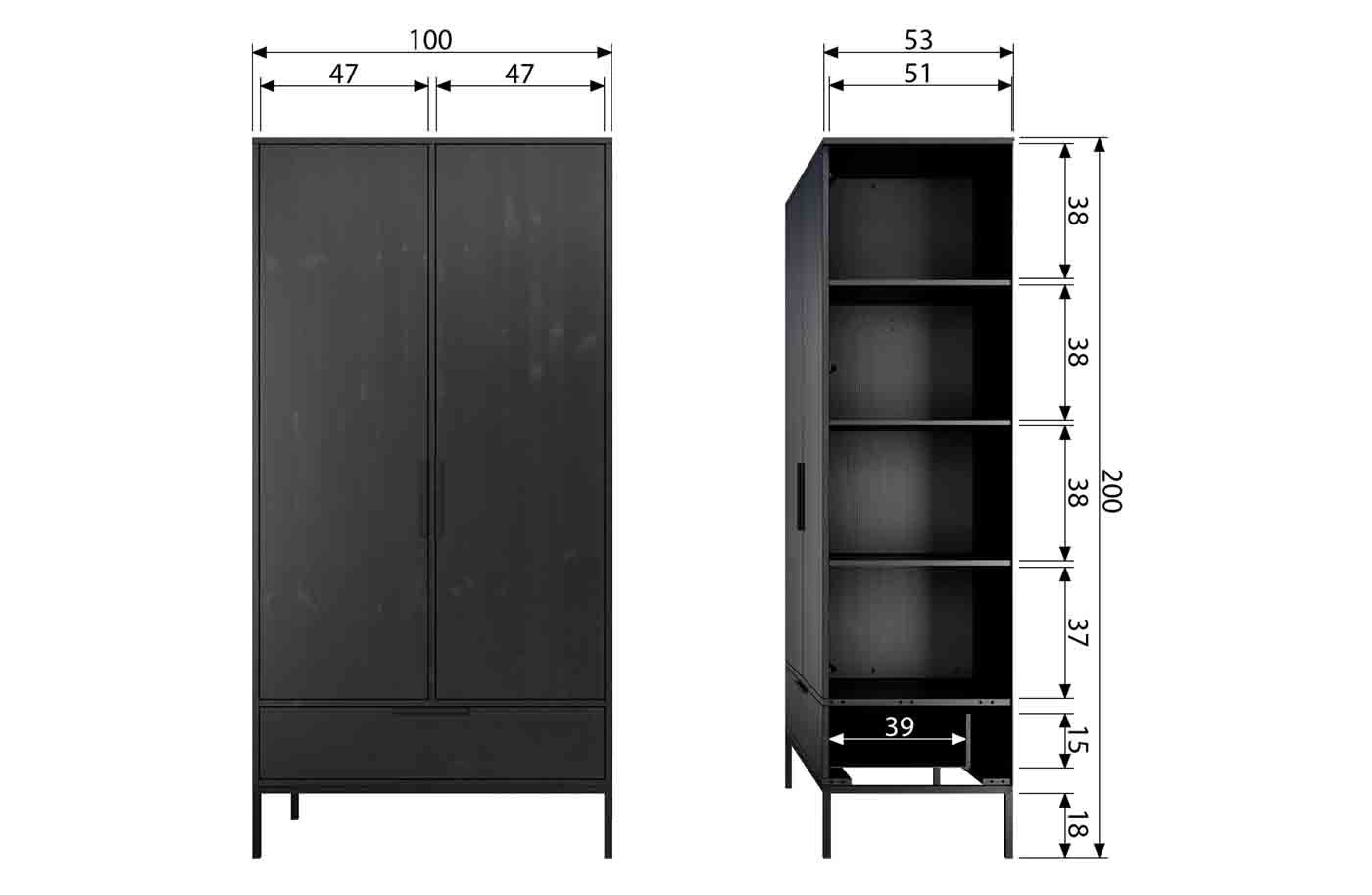 Kleiderschrank Adam Türen / Schublade, Schwarz